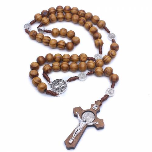 Fashion Style Handmade Fine Brown Catholic Jewelry Hand-woven Alloys Wooden Beads Cross Rosary Necklace Accessories Present