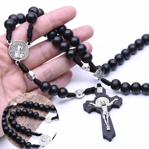 Handmade 4 Styles Round Wooden Beads Rosary Religious Cross Pendant Necklaces for Woman Religious Jesus Jewelry Mother Gifts