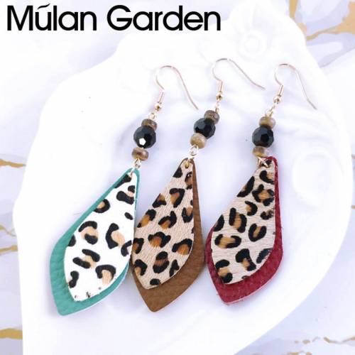M&G Cowhide Genuine Leather Earrings for Women Wood Beads Pendant Leather Feather Leopard Earring Accessories Hot Sale Girl Gift
