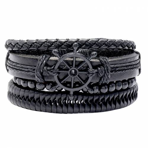 Mix 4Pcs/Set Braided Wrap Leather Bracelets for Men Women Vintage Wooden Beads Ethnic Tribal Wristbands Bracelet Rudder