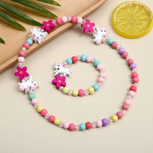 Natural Wood Beads Fashion Necklace Bracelet Sets Cartoon Pattern Cute Jewelry Sets For Children Toys Jewelry Girl Birthday Gift