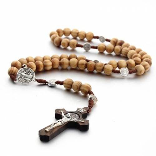 New Fashion Trend Handmade Catholic Jewelry Hand-woven Alloys Wooden Beads Cross Rosary Necklace Accessories Present