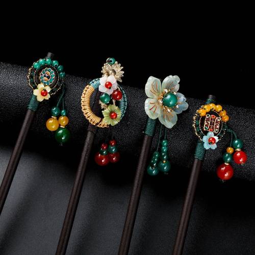 New Flower Hair Forks Retro Style Long Tassels Hairpins Clips Wooden Hair Sticks Beads Step Shake Chinese Wedding Bride Hairpins