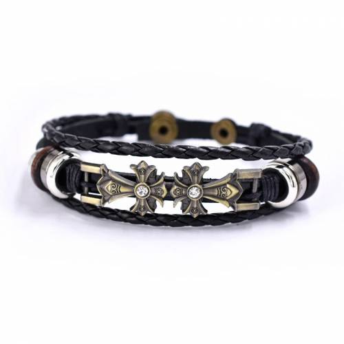 New Hot Leather Bracelets Men Bangles For Women Wood Beads Feather TRUST IN GOD Cross Charm Homme Gift Jewelry Freely Shipping
