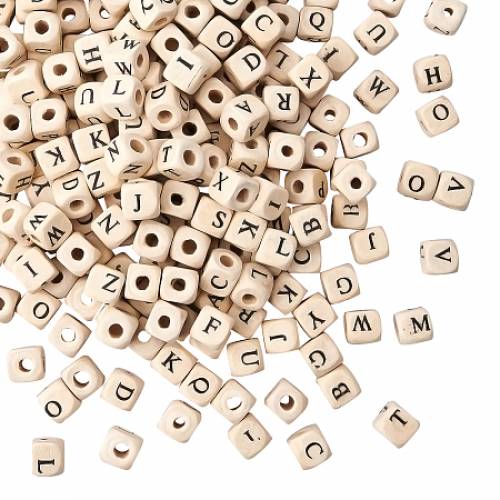 Olycraft Maple Wood Beads - Cube with Printing Letter - Undyed - Lead Free - BurlyWood - 8x8x8mm - Hole: 35mm; about 2000pc/500g