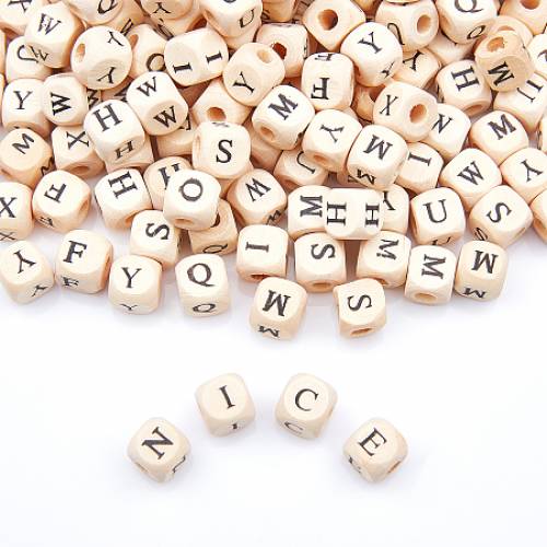Olycraft Printed Natural Wood Beads - Cube with Initial Letter - PapayaWhip - Mixed - 10x10x10mm - Hole: 35mm - 520pcs/set