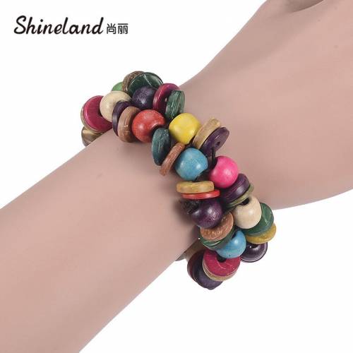 Shineland Vintage Charms Double Layers Handmade Wood Coconut Shell Strand Bracelets Colorful Beads Stretch Bangles For Women