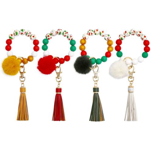 Silicone Beaded Key Chain Tassel Wood Bead Bracelet Keyring Christmas Tree Santa Claus Beads Keychain Fashion Keychain Wholesale