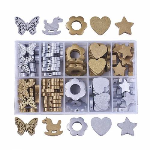 Spray Painted Natural Wood Beads - Flower & Star & Heart & Butterfly & Rocking Horse - Golden & Silver - 27x29x65mm; 18~185x20x6mm; 18x24x6mm;...