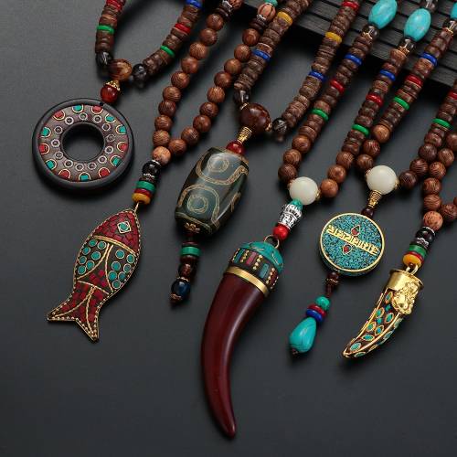 Unisex Handmade Necklace Nepal Buddhist Mala Wood Beads Pendant & Necklace Ethnic Fish Horn Long Statement Men Women‘s Jewelry