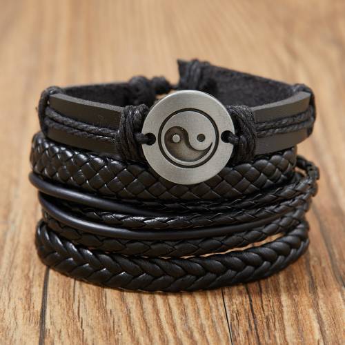 Vintage Multilayer Leather Hand Woven Bracelets Bangles Taichi Wooden Beads Wide Wrap Bracelet Ethnic Wristband Male Arm Jewelry