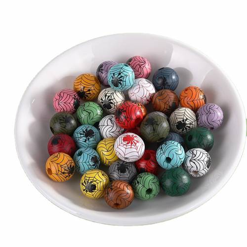 XUQIAN 16mm Hot Selling with Colorful Printed Spider Web Loose Wooden Beads for Children Diy Jewelry B0305