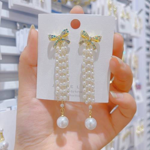 Colorful Bowknot Imitation Pearl Pendant Long Tassel Earrings Elegant Fashion Simple 2021 Fashion Jewelry Women‘s Earrings