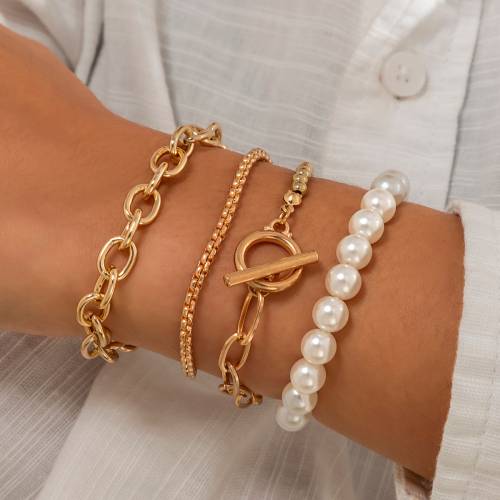 Ingemark 4Pcs High Quality Imitation Pearl Cuban Chain Bracelets on Hand for Women OT Buckle Pendant Bangles Couple Jewelry Gift