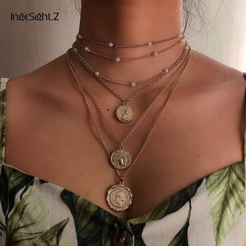 IngeSightZ 4Pcs/Set Multi Layered Carved Coin Human Head Pendant Necklace Punk Imitation Pearl Choker Necklaces Collar Jewelry