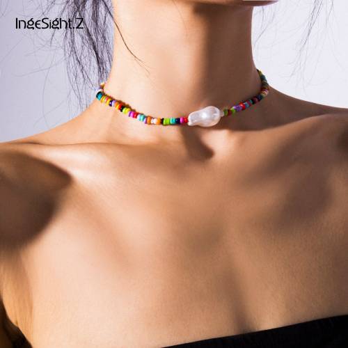 IngeSightZ Bohemian Colorful Small Seed Bead Choker Necklaces Collar Statement Imitation Pearl Pendant Necklace Women Jewelry