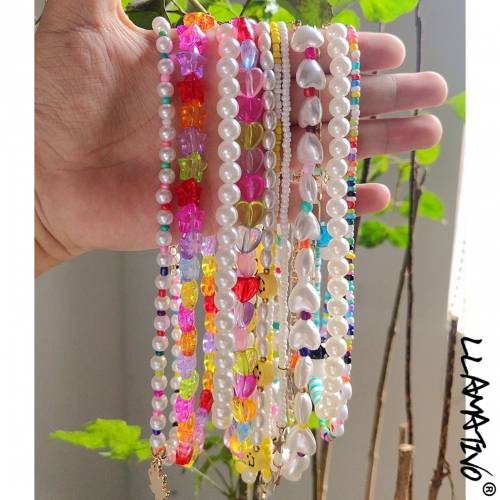 Korean Colorful Heart Imitation Pearl Beads Necklace For Women Fashion Cute Star Smiley Face Beaded Chocker Necklaces Jewelry