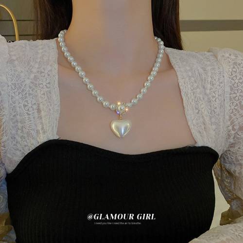 LOVOACC Elegant White Love Heart Pendant Necklaces for Women Imitation Pearl Beads Chain Rhinestones Choker Necklace Jewelry