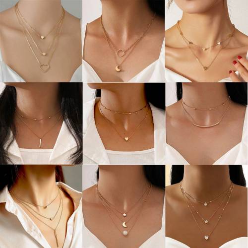 Simple Golden Moon Star Love Imitation Pearl Pendant Necklace Boho Fashion Metal Shiny Water Brick Charm Necklaces Girl Gift
