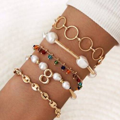Women bracelets with fashion imitation pearl 8 character temperament bracelet colorful beads circle five-piece jewelry wholesale