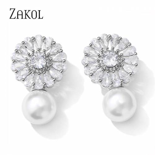 ZAKOL Romantic AAA Cubic Zircon & Imitation Pearl Flower Stud Earrings for Women Party Fashion Elegant Bridal Wedding Jewelry