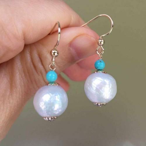 11-12mm baroque pearl natural turquoise 14K Gold Earrings Aquaculture Holiday gifts Classic VALENTINE‘S DAY Hook Beautiful Women