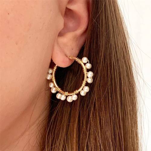 14K Gold Filled Hoop Earrings Handmade Natural Pearl Jewelry 30MM Hoop Earrings Brincos Pendientes Oorbellen Boho Earrings
