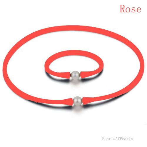 16 inches 10-11mm Natural Oval Pearl Rose Rubber Silicone Necklace & 7 inches Bracelet Jewelry Set