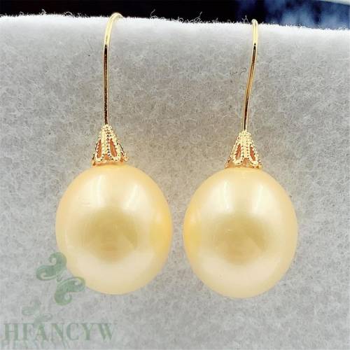 16mm Golden Round Shell Pearl Earrings 18k Hook AAA Real Irregular Gift Party Women Fashion Natural Cultured Mesmerizing