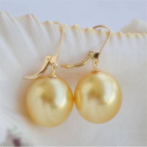 16mm natural south sea shell pearl earrings 14K gold Cultured Flawless Aurora Dangler Luxury Jewelry AAA Classic Earbob TwoPin