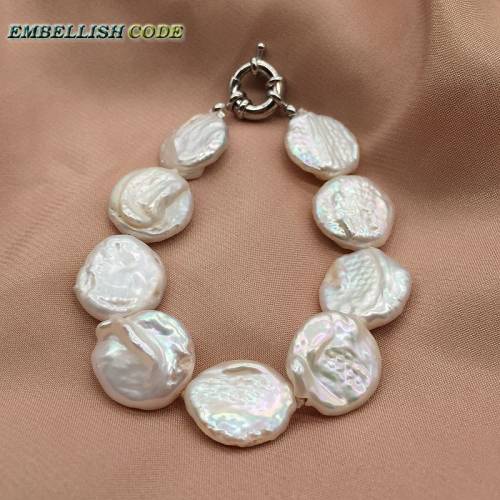 18mm Bead Baroque Simple Classic White Color Bracelet Round Coin Button Flat Shape Natural Freshwater Pearls Elegant Jewelry