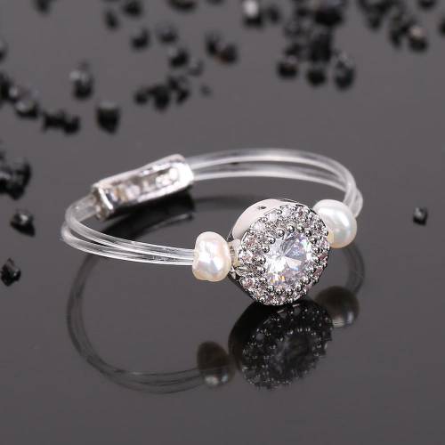 2020 New Trendy Women‘s Fashion Transparent line Brass Ring Round Zircon Natural Pearl Elastic Ring Accessory For Daily life
