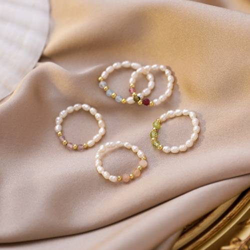 2021 Natural Freshwater Pearl Rings for Women Colorful Geometric Crystal Beaded Girls Finger Summer Minimalist Wedding Jewelry