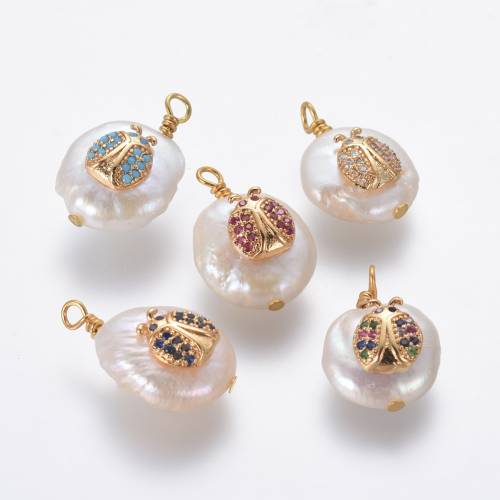 2pcs Natural Freshwater Pearl Pendants With Brass Micro Pave Cubic Zirconia Findings Flat Round With Ladybird For Jewelry Making