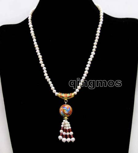 5-6mm White Round Natural Pearl with 18mm Cloisonne & Red crystal pendant 18‘‘ Necklace-nec6388