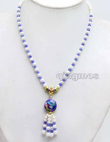 5-6mm White Round Natural Pearl with Blue crystal & 18mm Cloisonne pendant 18‘‘ Necklace-nec6328