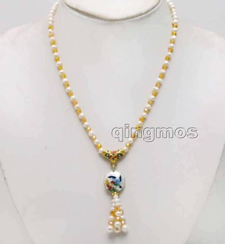 5-6mm White Round Natural Pearl with Orange crystal & 18mm Cloisonne pendant 18‘‘ Necklace-nec6386