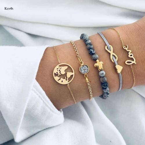 5pcs Charm Chain Bracelets Sets for Women Natural Stone Turtle Pearl Leaf Heart Shaped Bracelets Fashion Party Jewelry Bijoux