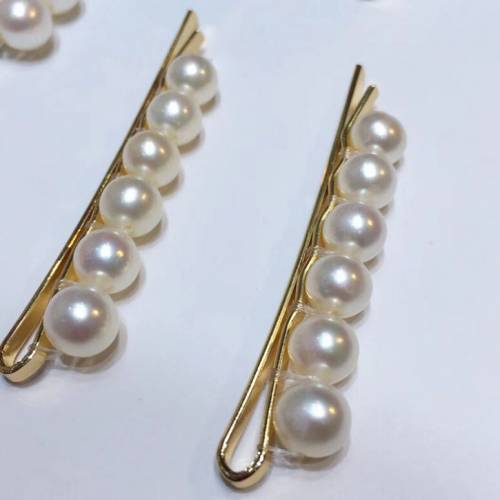 6-7mm Natural White Rice Freshwater Pearl Yellow Gold Filled Hair Clip