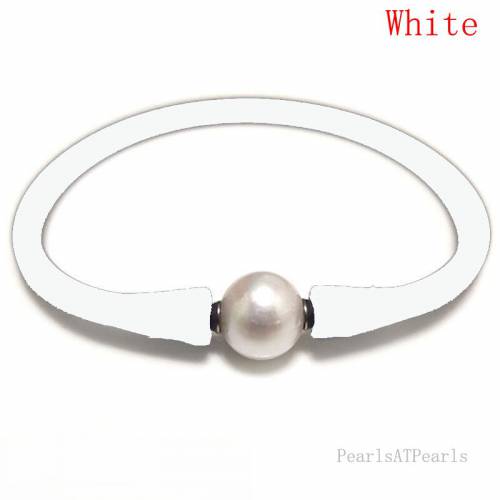 6 inches 10-11mm One AA Natural Round Pearl White Elastic Rubber Silicone Bracelet For Men