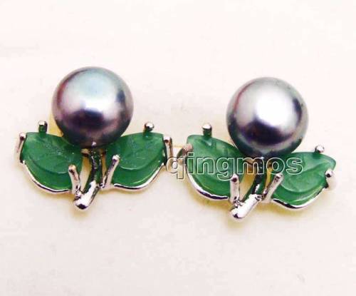 7-8mm Black Flat Round Natural freshwater pearl With carved green beads leaf earring-ear473