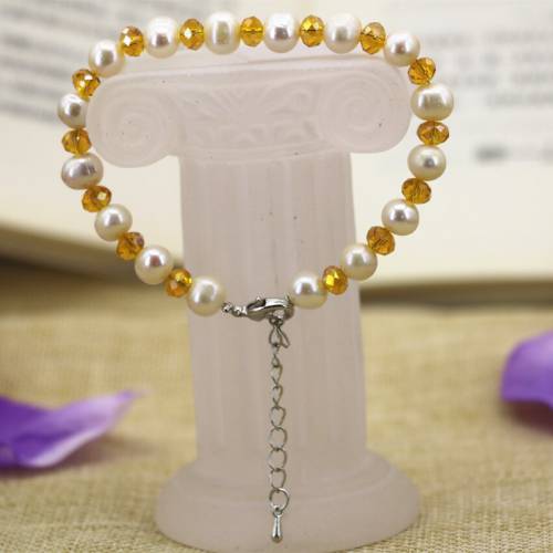 7-8mm natural white thread pearl beads strand bracelet for women yellow crystal charms diy fashion bangle jewelry 75inch B3119