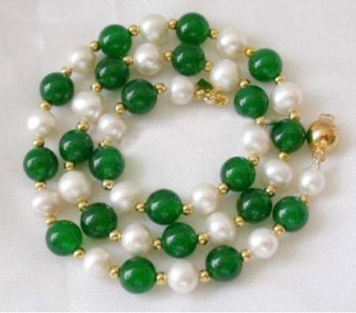 7-8mm new fashion Natural White Akoya Pearl Green chalcedony jades Round Beads Necklace 18BV395
