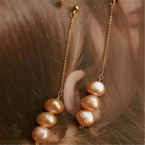 7-8MM pink baroque pearl earrings 18K natural REAL gorgeous dangler aurora flawless jewelry creamy earbob