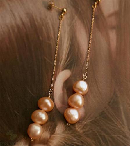 7-8MM pink baroque pearl earrings 18K TwoPin earbob natural DIY dangler creamy flawless