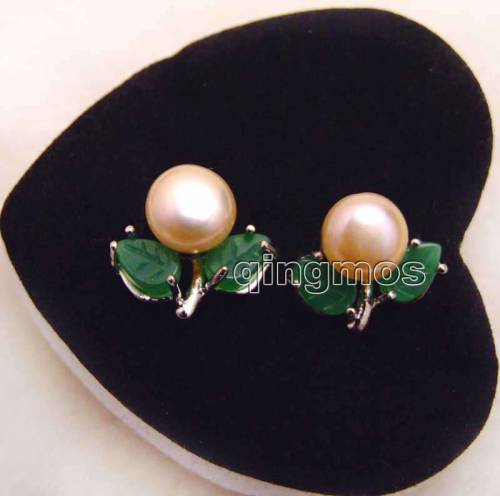 7-8mm Pink Flat Round Natural freshwater pearl With carved green beads leaf earring-ear474 wholesale/retail Free shipping