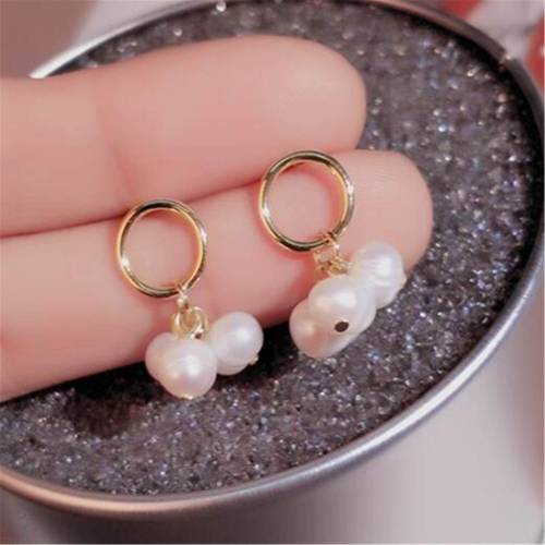 7-8mm White Baroque Pearl Earring 18k Circle Ear Stud Dangle Fashion Women Gift Jewelry Earbob Irregular Natural Flawless AAA