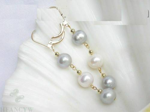 8-9mm White And Gray Mashup Pearl Earrings 14k Gold Hook genuine Party Hand-made Chic Beads TwoPin Natural Mesmerizing