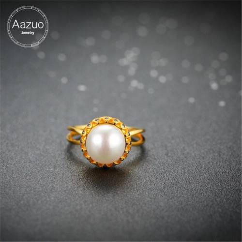 Aazuo Natural Akoya Pears Real Perfectly Round 18K Yellow Gold Real Diamond Micro Paved Ring gifted for Women Chain Au750