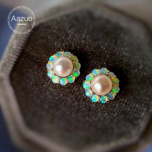 Aazuo Real Natural Opal Akoya 18K Pure Yellow Gold Round Stud Earring Gifted For Woman&Girls Wedding Engagement Party Au750